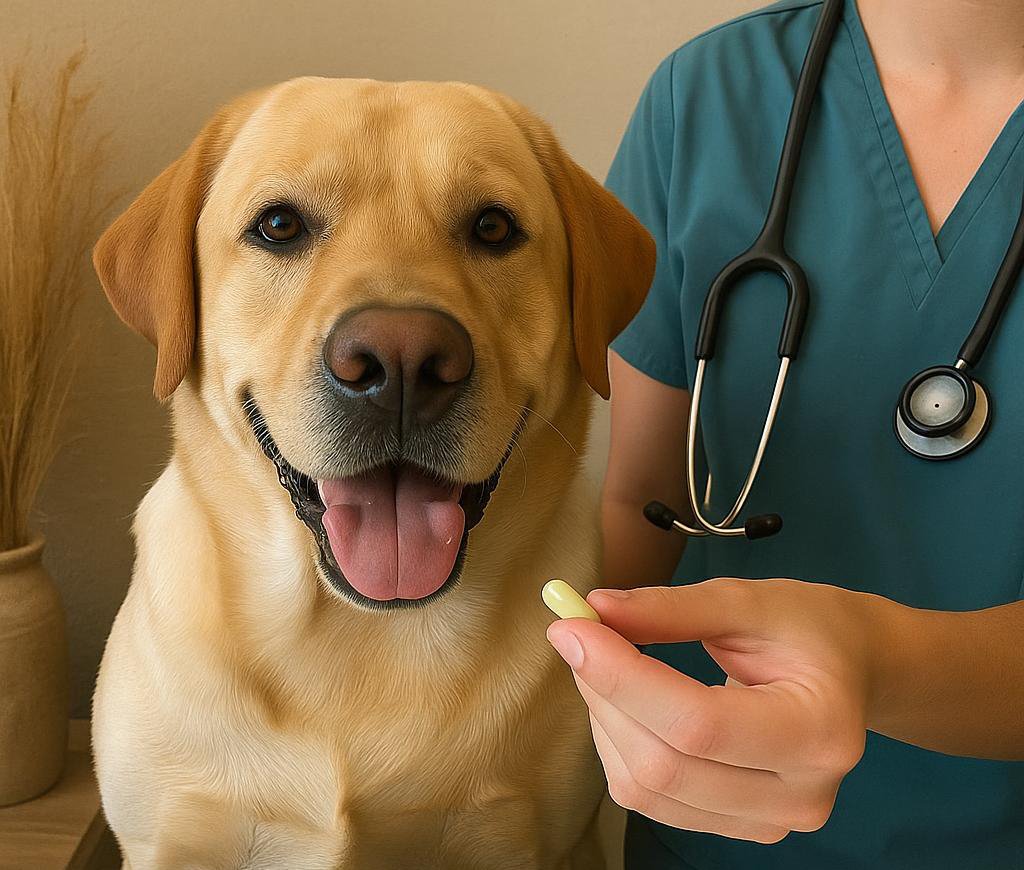 A Labrador retriever at the vet, being given a tapeworm treatment tablet